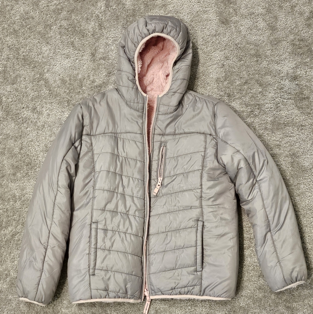 Eddie Bauer Girls Reversible Gray/Pink Puffer Jacket